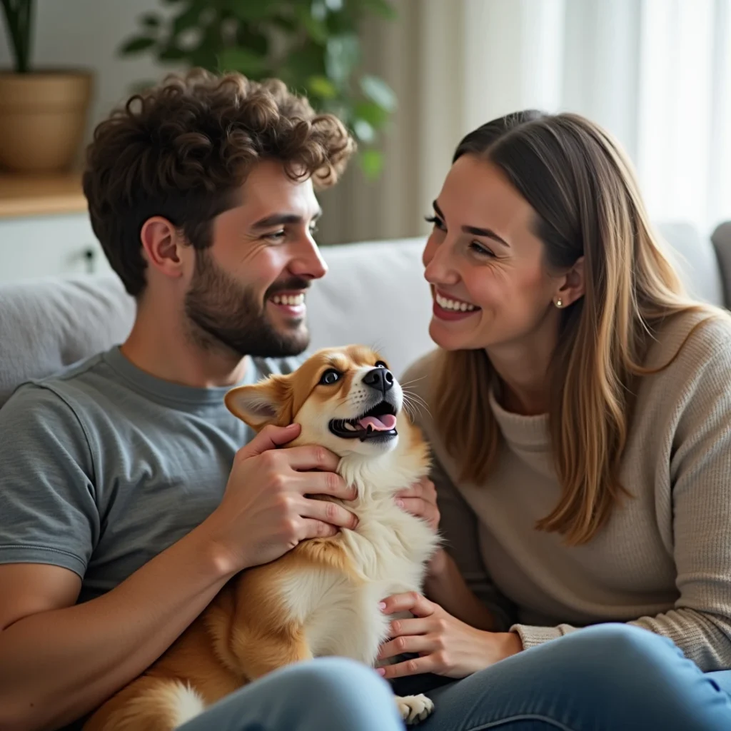 A male and female happily petting their cat, symbolizing the care and support we provide to pet owners.