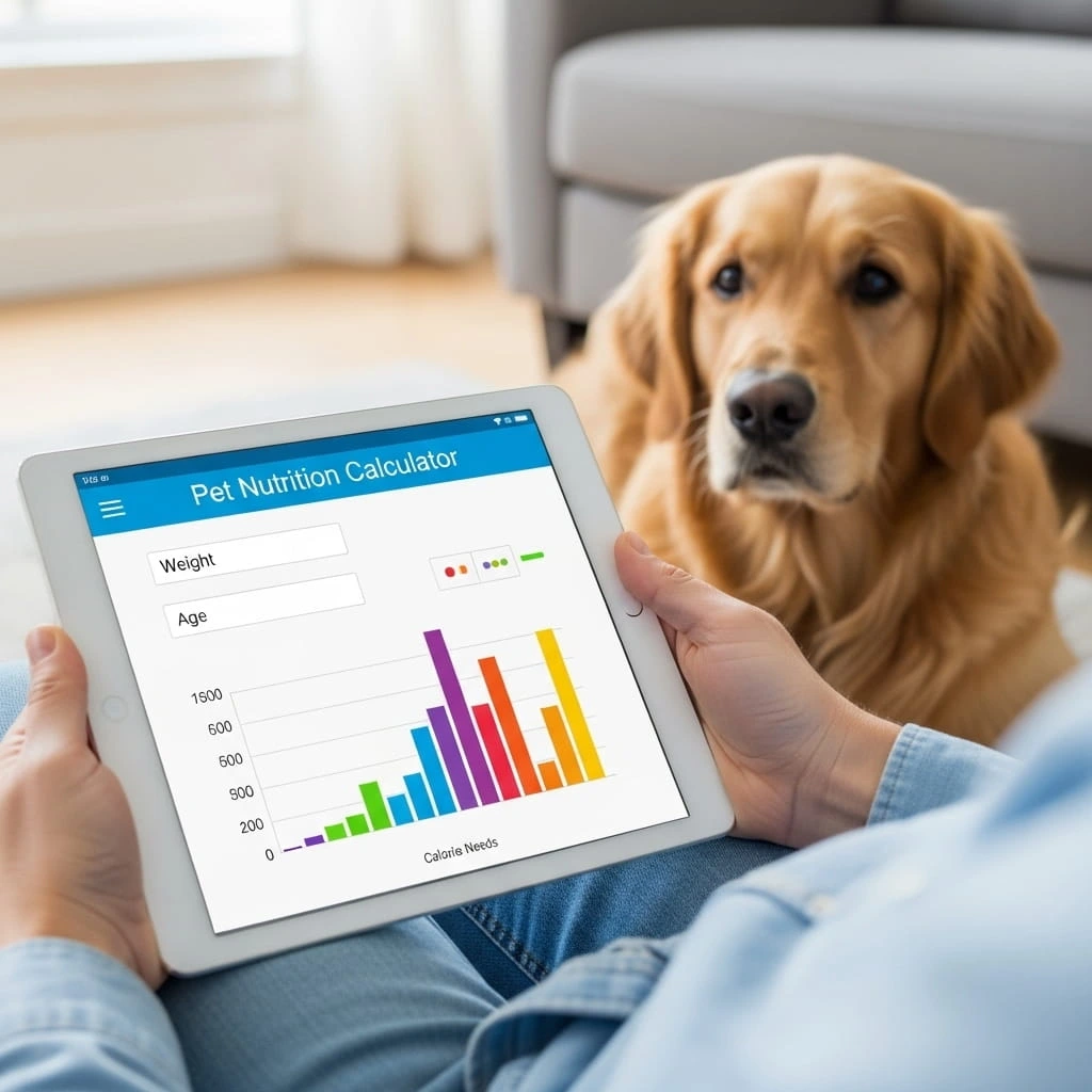 Pet owner using a digital nutrition calculator on a tablet displaying health data and graphs, with a dog nearby.